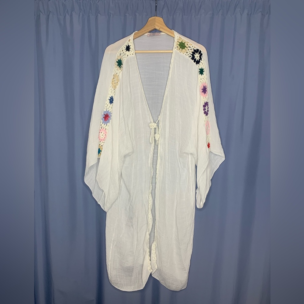 White swim cover up with Floral Embroidery